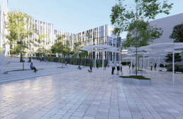 The public plaza planned between the complex’s buildings.