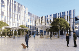 The square in front of the future business and retail spaces.